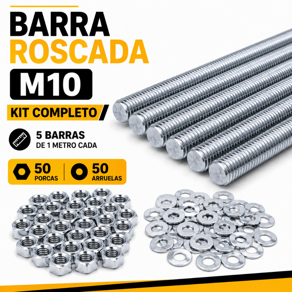 Barra Roscada M10 1m Kit 5 Peças + 50 Porcas + 50 Arruelas Zincadas Construção Fixação