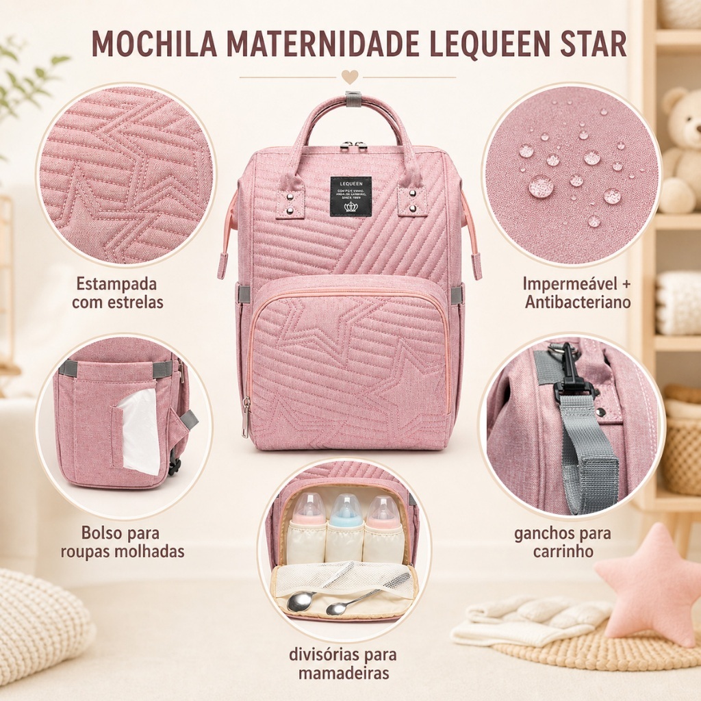 Bolsa Mochila Maternidade Bebê Lequeen Original Star Reforçada Multifuncional · foto 2