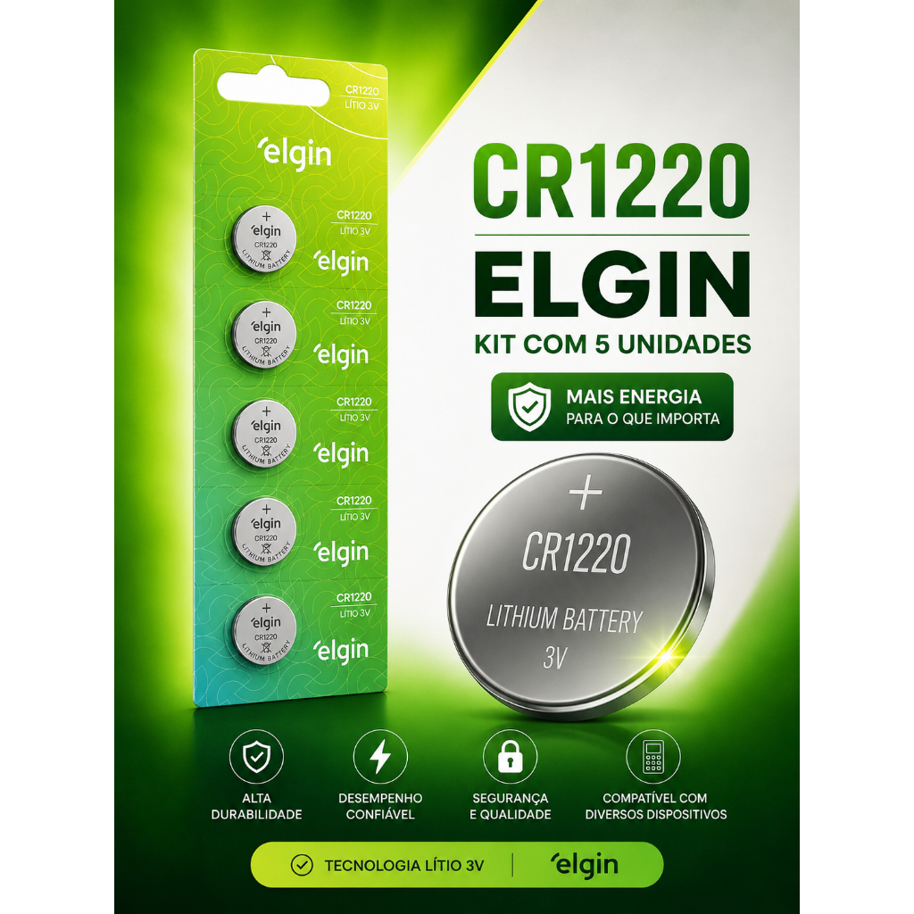 CR1220 ELGIN 3V Moeda Alta durabilidade Kit 5 Unidades - ENVIO IMEDIATO!