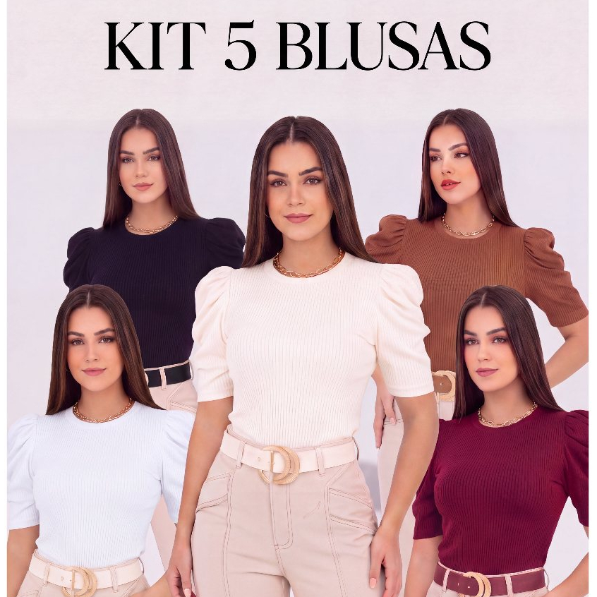 Kit 5 Blusas Femininas Manga Bufante Princesa Ribana Canelada Gola Redonda Moda Elegante