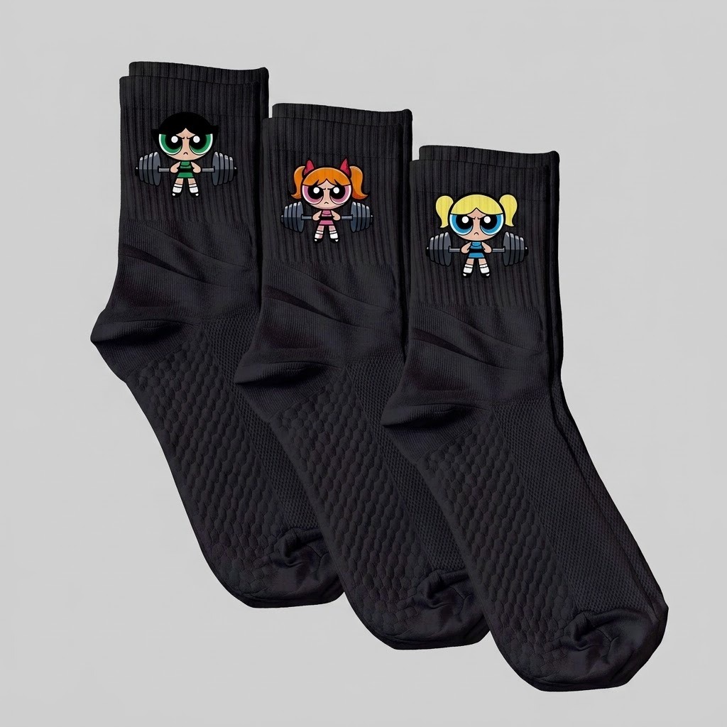 kit 3 Pares De Meias Pretas Meninas Super Poderosas  Ideal Academia Estampa Divertida Macia Confortável Versátil Maromba