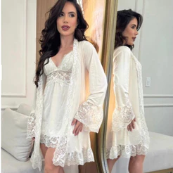 Kit Robe Feminino Luxo Manga Longa + Camisola de Renda e Calcinha Fio Duplo / Lingerie Sensual e Sofisticada P M G GG