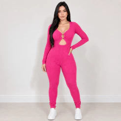 Macacão Manga Longa Argola Com Fenda Canelado Feminina