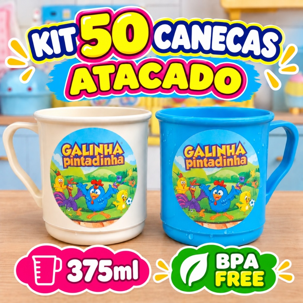 Lembrancinha Galinha Pintadinha Kit Festa 50 Canecas De Plástico Infantil Aniversario Personalizadas