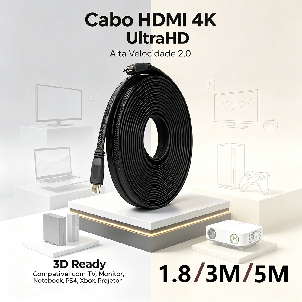 Cabo HDMI 4K Ultra HD Alta Velocidade 1,8m 3m 5m para TV Monitor Notebook PS4 Xbox Projetor Smart TV
