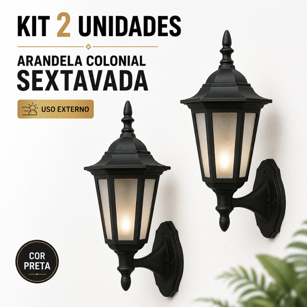 Kit 2 Arandela Colonial Vintage Clássica Parede Externa Jardim p LED Sextavada Decorativa Luminária