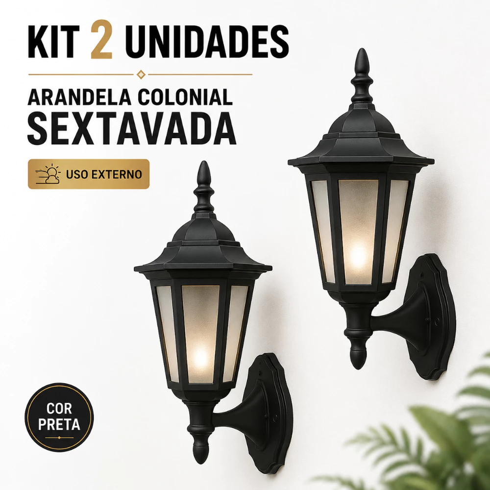 Kit 2 Arandela Colonial Vintage Clássica Parede Externa Jardim p LED Sextavada Decorativa Luminária