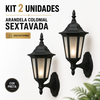 Kit 2 Arandela Colonial Vintage Clássica Parede Externa Jardim p LED Sextavada Decorativa Luminária
