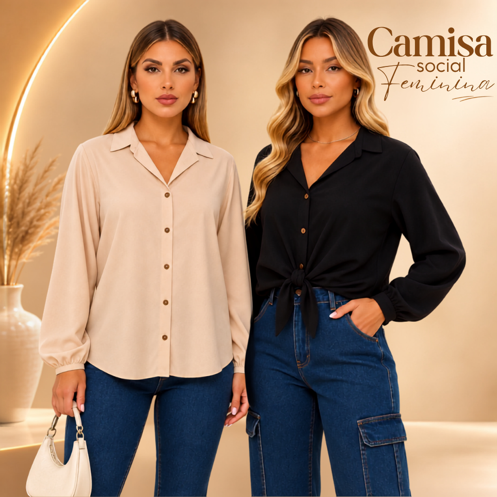 Camisa Social Feminina Manga Princesa Elegante  Blusa Moderna e Versátil para Trabalho e Dia a Dia