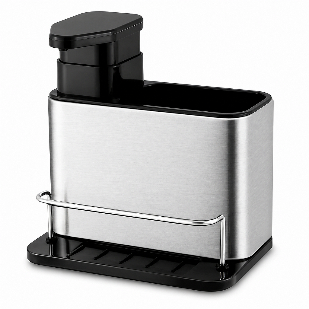 Dispenser Porta Detergente Inox 3 em 1 com Porta Esponja Organizador de Pia para Cozinha