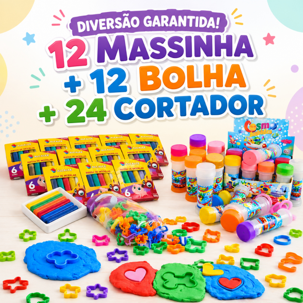 12 Massinha de Modelar + 12 Bolha Sabão + 24 Cortador Molde Forminha Kit Festa Lembrancinha Infantil