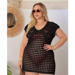 Saída de Praia Plus Size Vestido Curto Crochê Manga Solrinha 46 48 50 52 GG G1 Moda Verão
