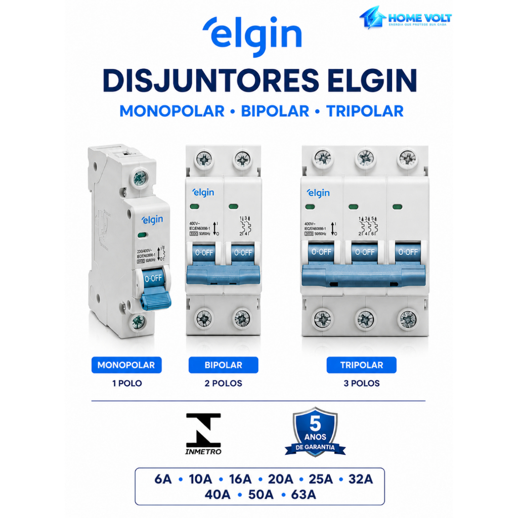 Disjuntor Elgin Monopolar Bipolar Tripolar Trilho DIN 6A 10A 16A 20A 25A 32A 40A 50A 63A