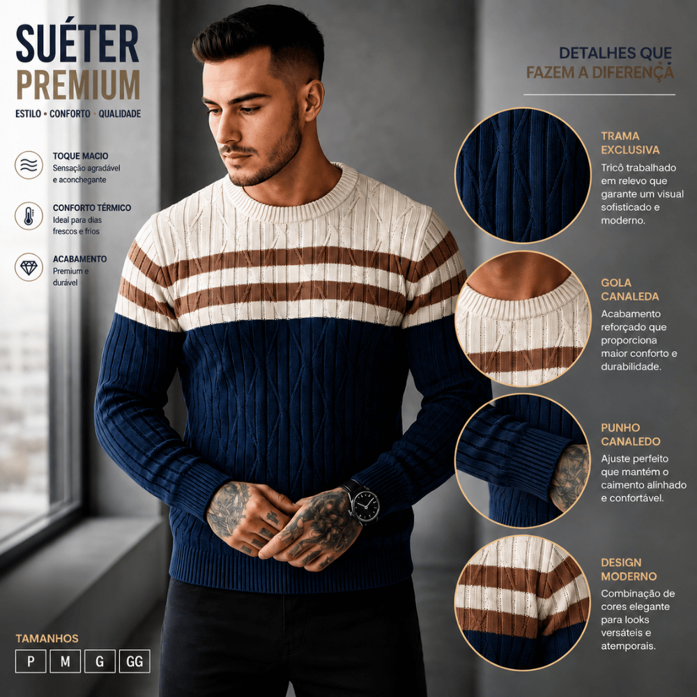 Sueter Masculino Listrado Tricot Premium Blusa de Frio Masculina Inverno