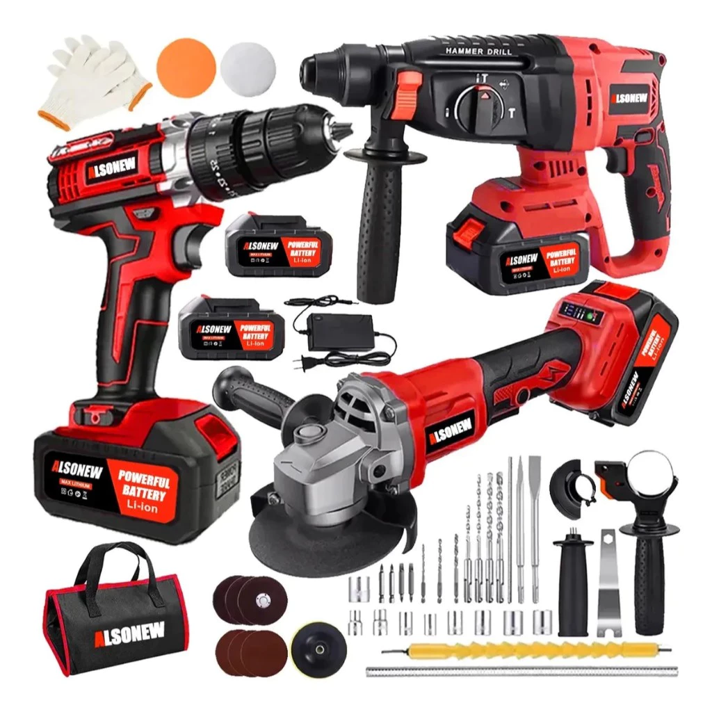 ALSONEW Kit Ferramentas Sem Fio, 4 Modelos: Chave Impacto, Furadeira, Catraca, Martelete Esmerilhadeira — imagem 1