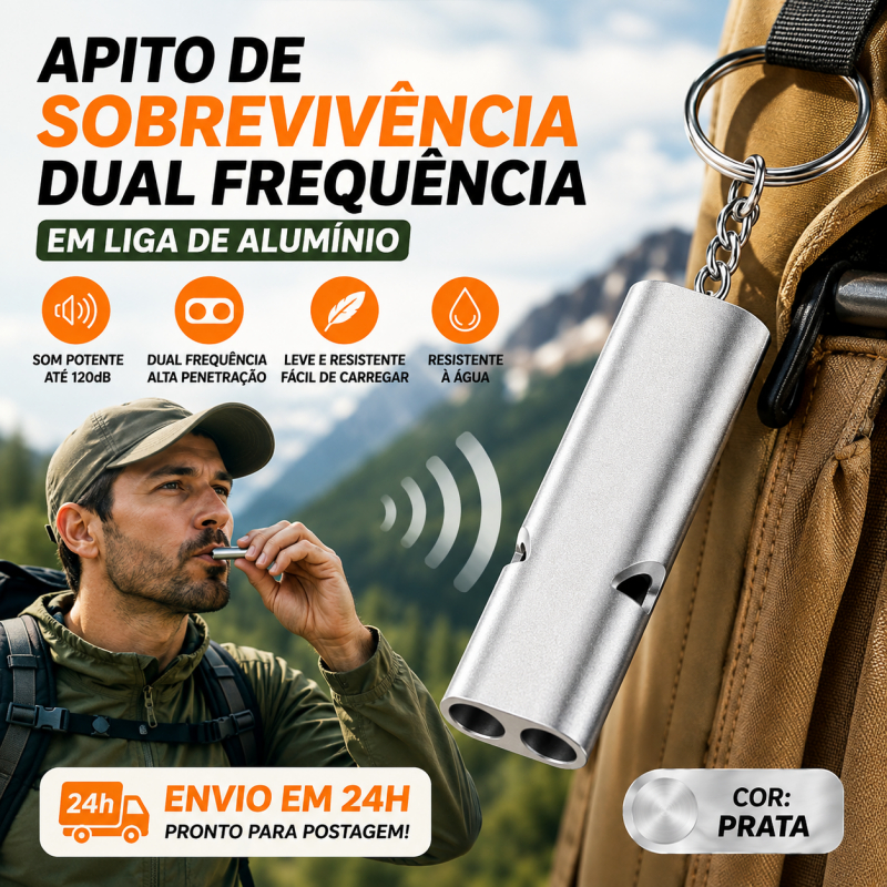 Apito Duplo de Emergência em Alumínio, Alto Decibel, Chaveiro Portátil para Camping, Trilha e Sobrevivência SOS