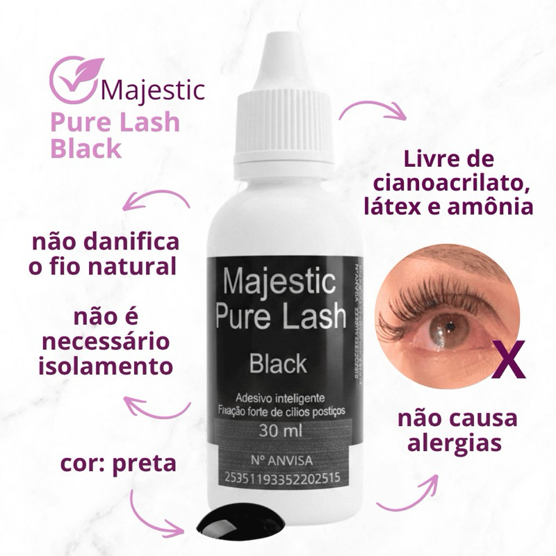 Cola para Extensão de Cílios Vegana Majestic Pure Lash Black 30ml Alta Fixação Resistente à Água Sem Cianocrilato