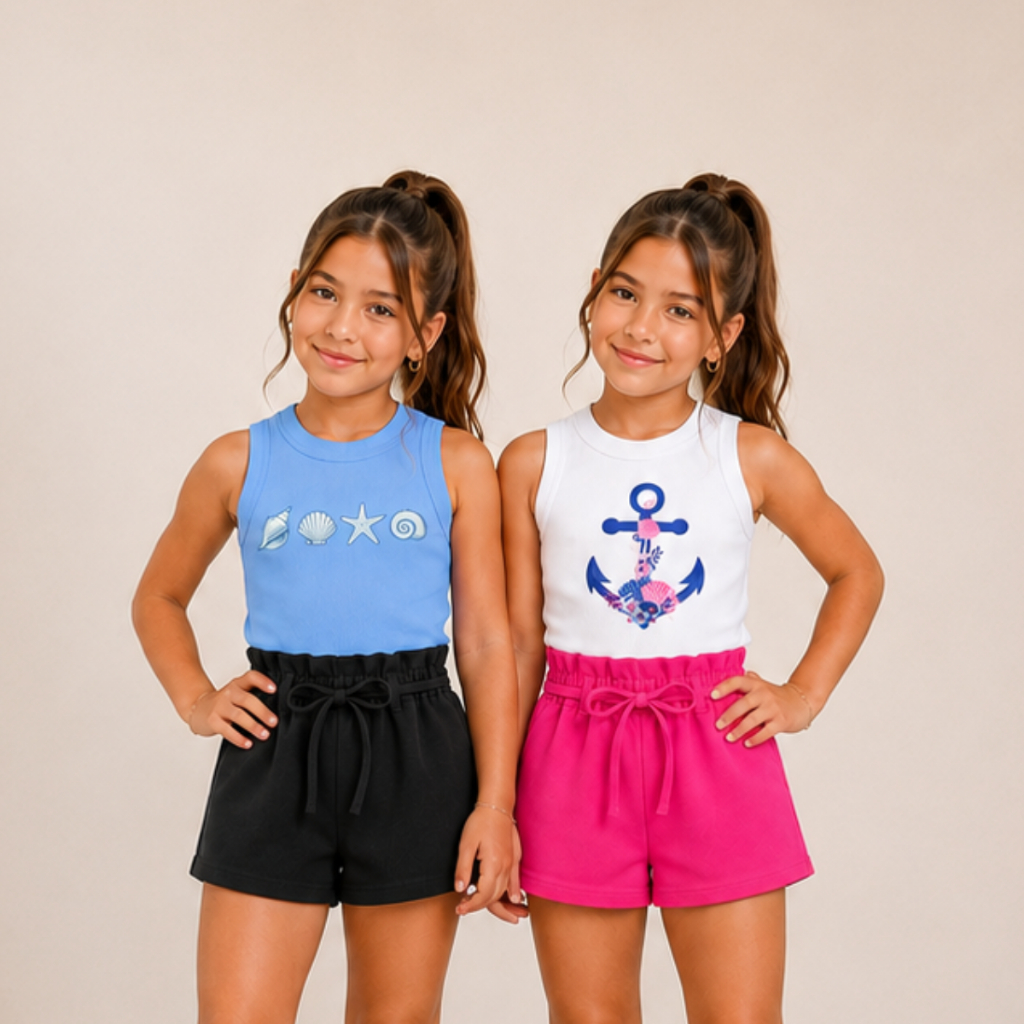 Conjunto Infantil Kit 2 Feminino Verão Regata Estampada Short Moda Mini Diva Meninas Fashionistas