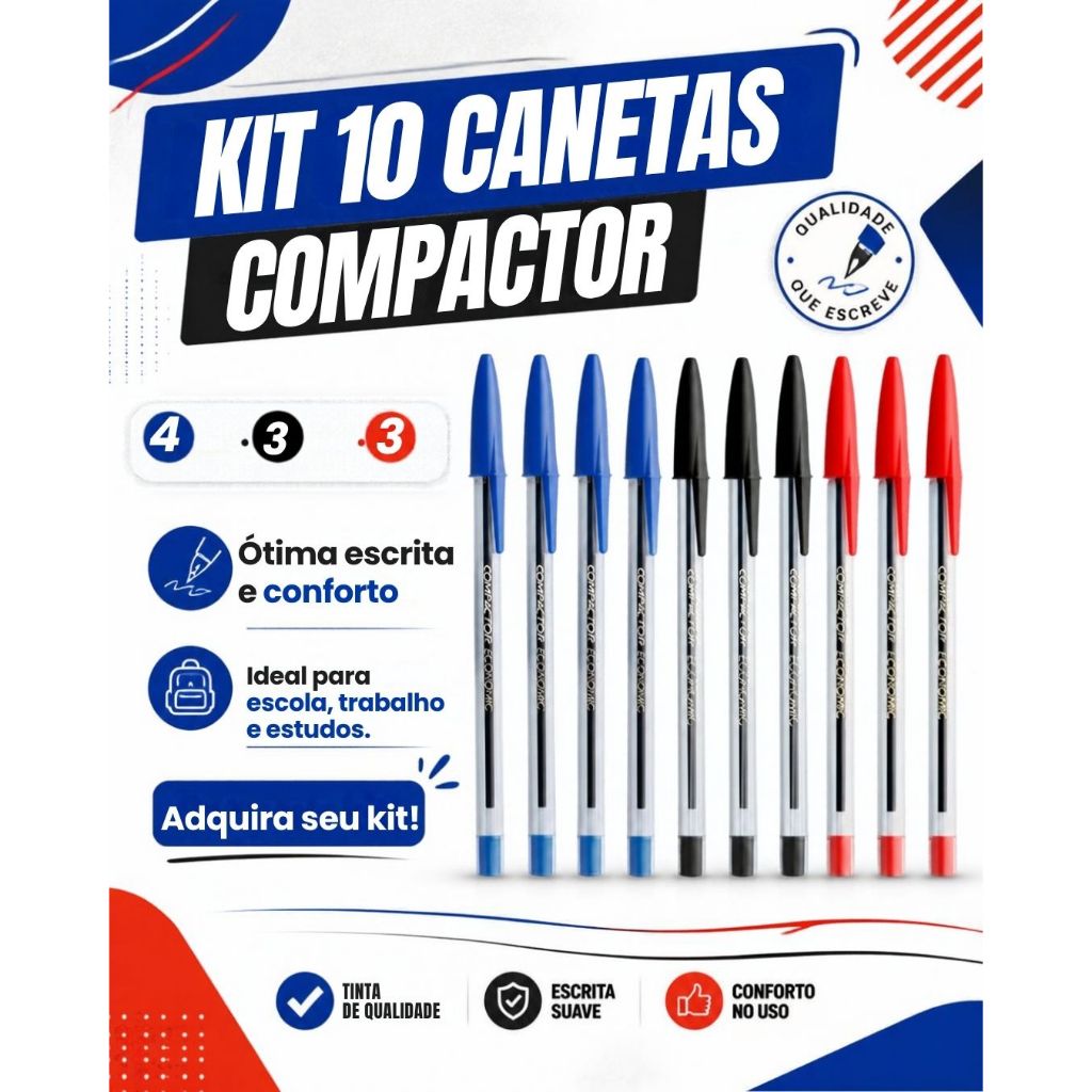Kit 10 Canetas Compactor Esferográfica 1.0mm 4 Azul 3 Preta 3 Vermelha