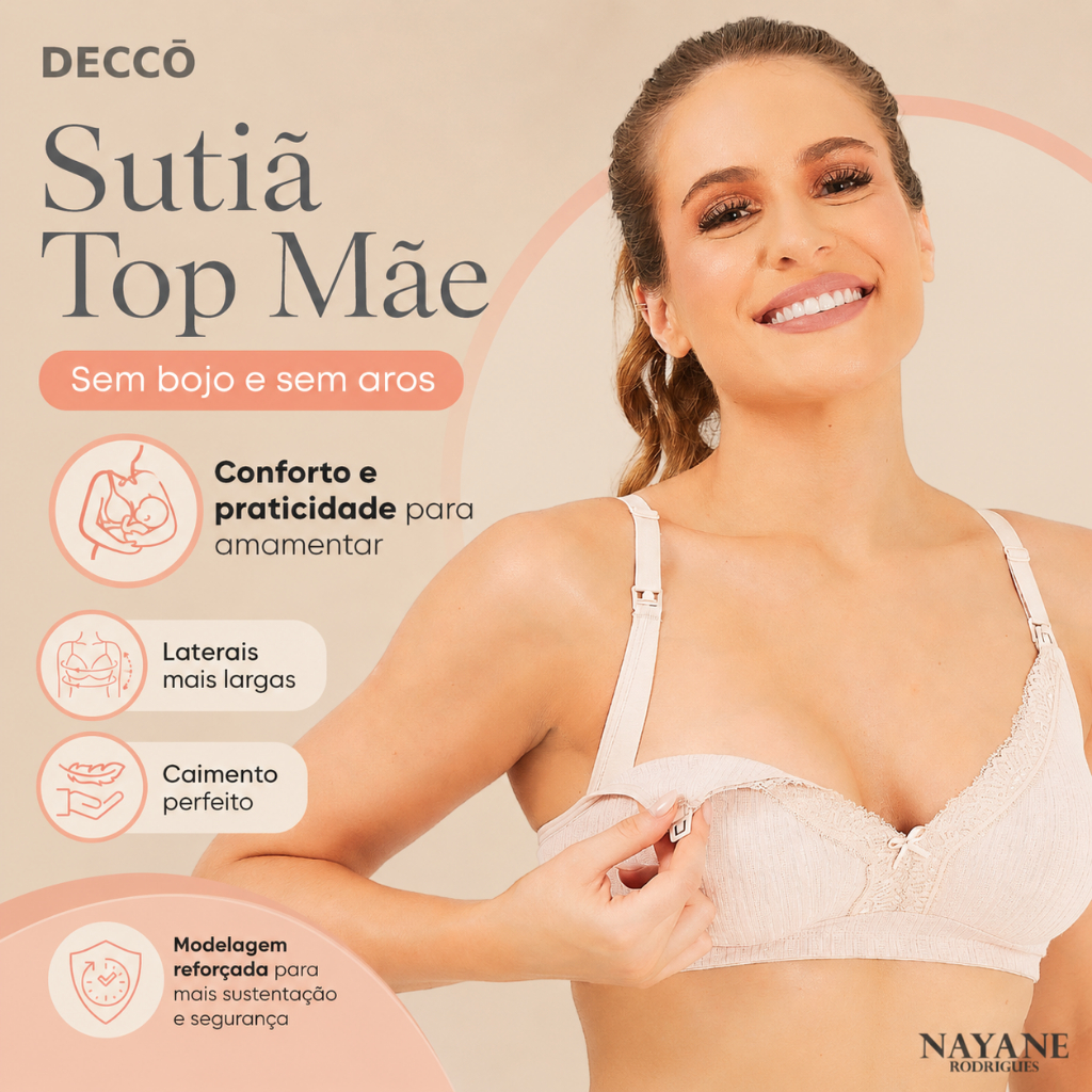 Sutia Top Nayane Rodrigues sem Bojo e Aro Click Funcional para Amamentacao Alca Larga Confortavel