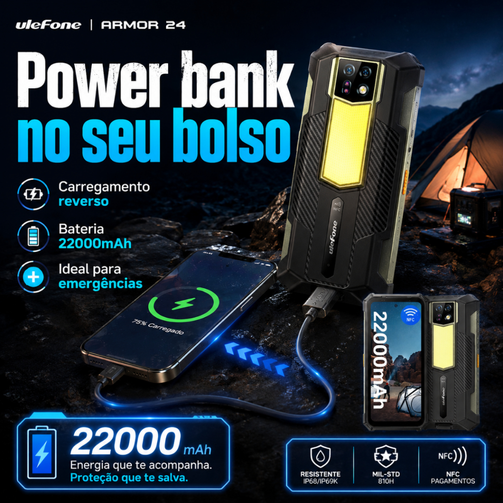 Ulefone Armor 24 Celular Robusto para Trabalho – 256GB, 24GB RAM, 22000mAh, Resistente à Água
