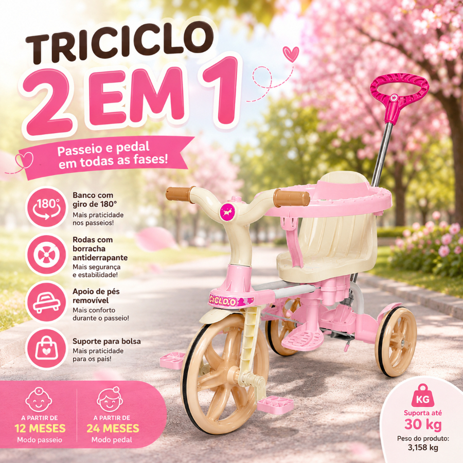 Triciclo Calesita Infantil com Capota Removível e Empurrador - Ciclito
