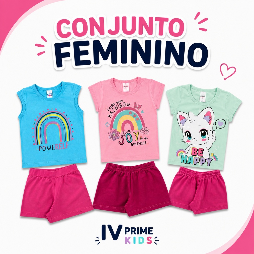 Conjunto Infantil Feminino Menina Kit 1 2 ou 3 Verão Camiseta e Short Estampado
