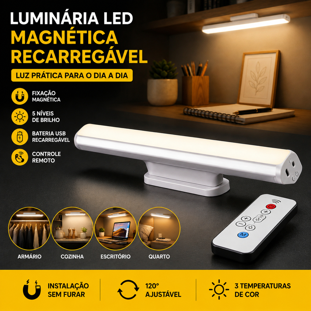 Luminária LED Magnética Recarregável Sem Fio 3 Cores USB Touch para Armário, LED para Quarto e Abajur de Cabeceira