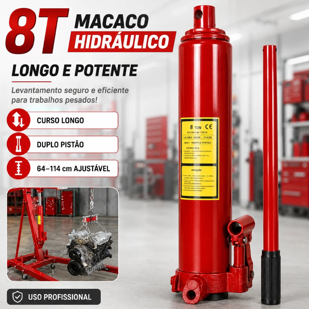 Macaco Girrafa Hidráulico 8 Toneladas Pistão Duplo, Curso Estendido Altura Ajustável 64‑114cm, Reposição Profissional