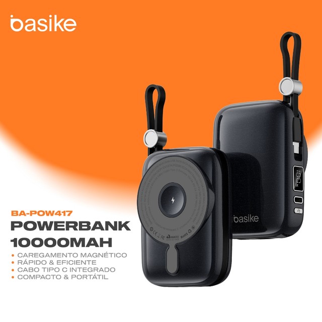 Power Bank Carregador Portátil Basike Magnético 10000mAh 22.5W Carga Rápida Cabo Embutido