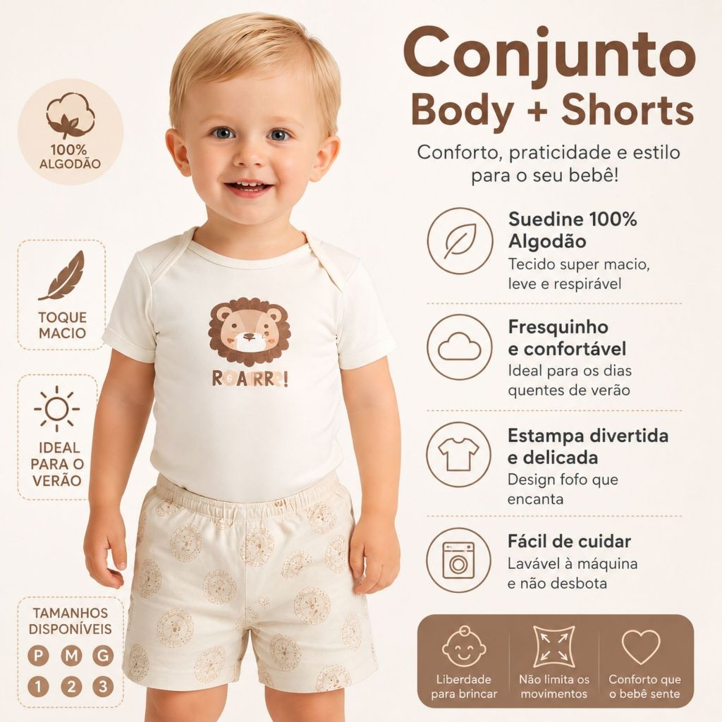 Kit 2 Conjunto Body Manga Curta + Short Estampado Bebê Menina e Menino Suedine 100% algodão do P ao 3