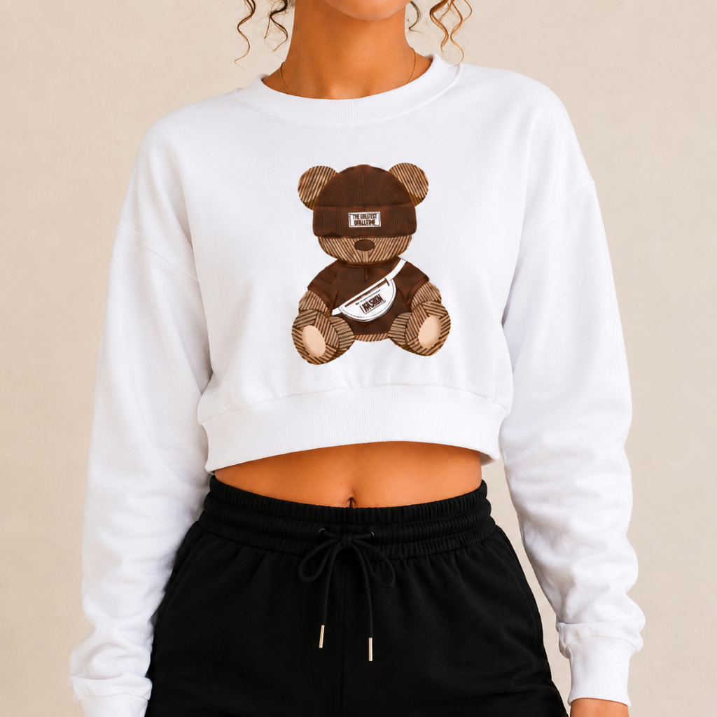 Cropped Moletom Feminino Moderno Casual Academia Manga Longa Ursinho De Touca