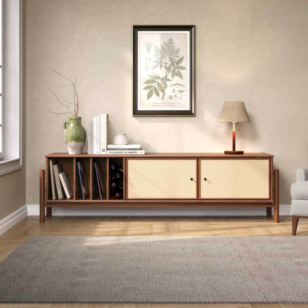 Rack Sala Rattan 185 cm Nichos Para Vinil TV 75 Madeira Castanho Mona