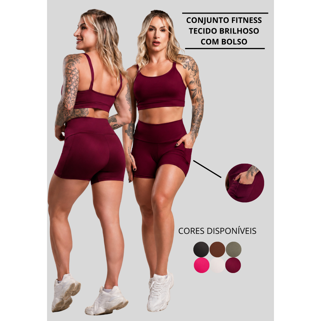Conjunto Fitness Feminino Brilhoso Academia Top Cropped Alcinha e Short Bolso Cintura Alta Com Brilho ZERO TRANSPARÊNCIA