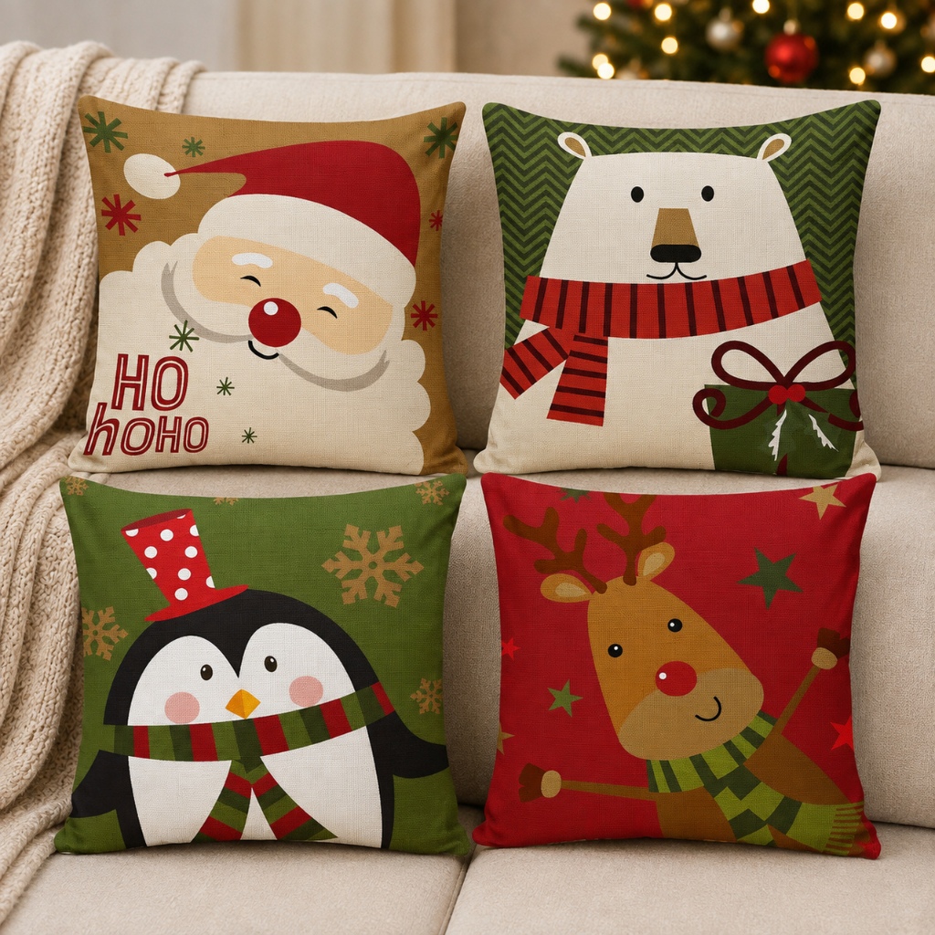Kit 4 Capas Almofada Digital Decorativa De Natal 45x45 Cm