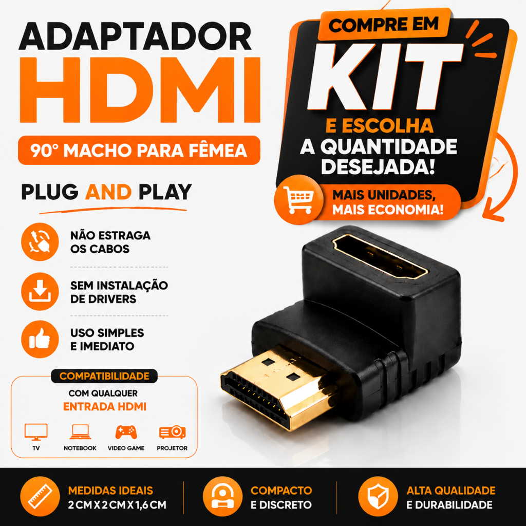 Adaptador HDMI 90 Graus Macho X Fêmea Curva em L TV Notebook Projetor Pc Kit 2, 4, 5 Unidades