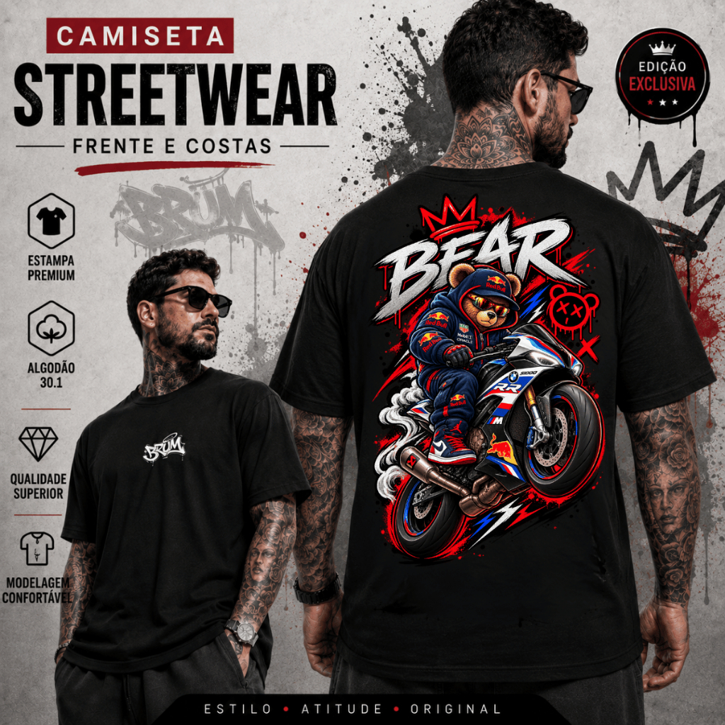 Camiseta Masculina 100% Algodão Streetwear Estampado Urso Bear Ferrari Casual Elegante Exclusiva