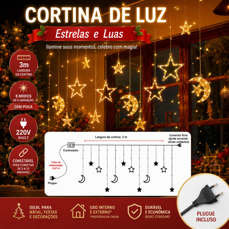 Cachoeira Star LED Com 8 Funções 3 Metros De Luzes De Natal Pisca Estrela Lua Rena 220V
