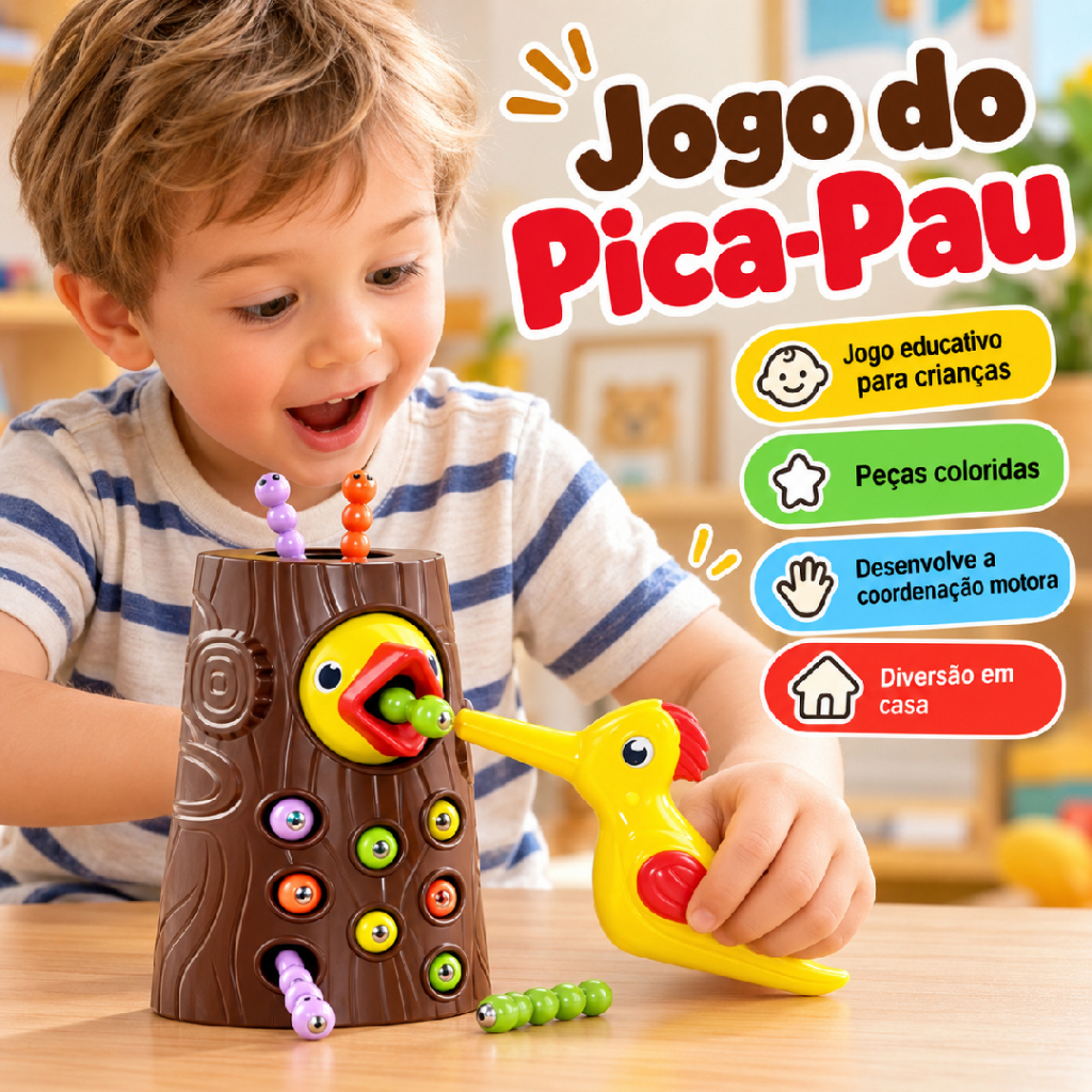 Brinquedo Infantil Pica-Pau Magnético com Minhocas Jogo Educativo Coordenação Motora