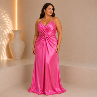 Vestido Longo Festa Acetinado Drapeado Alças de Strass Madrinha Casamento Formatura Gala Plus Size G ao G6 - Livia