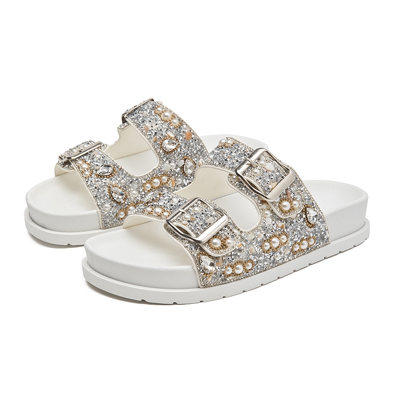 Sandália Birken Papete Feminina Luxo Strass e Pérolas com Duas Fivelas Ajustáveis Conforto Meijile
