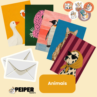Cartão Postal Animais Pet Fofo Premium Ilustração Decorativa Aesthetic Carta Com Envelope Reciclato e Lacre Adesivo