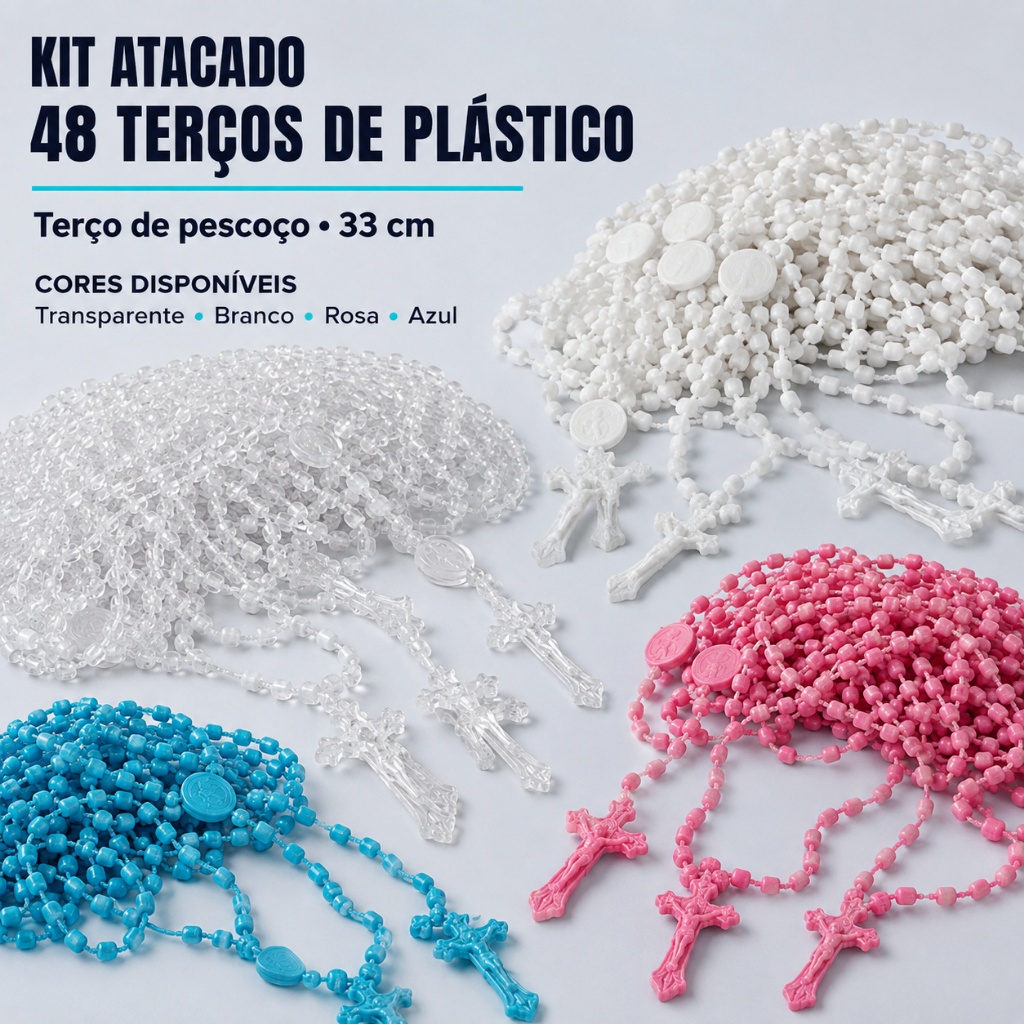 Atacado Kit 48 Terços Plástico Rosário Pescoço Lembrancinha Batizado Primeira Comunhão Crisma Cores