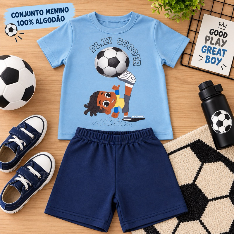 Conjunto Infantil Menino Camiseta Manga Curta e Bermuda em Moletinho 100% algodão Verao Fresquinho Esatampa Futebol
