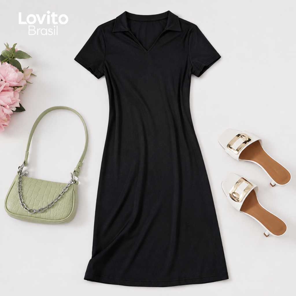 Lovito Vestido Feminino Midi Casual Gola Polo DRB460BRL489
