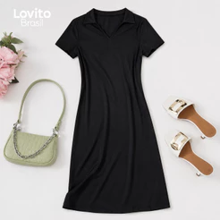 Lovito Vestido Feminino Midi Casual Gola Polo DRB460BRL489