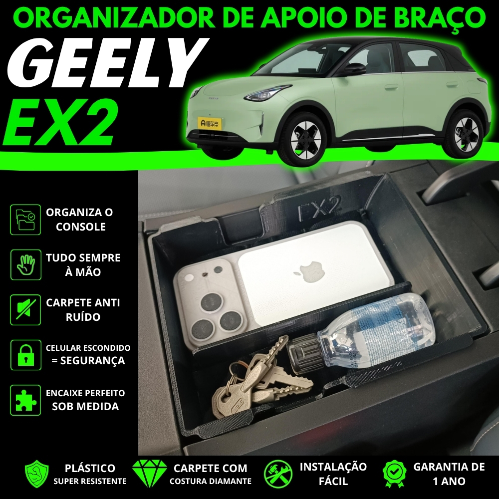 Organizador Console Apoio de Braço Porta Objetos Geely EX2 2026 2027 Bandeja Interna Antirruído