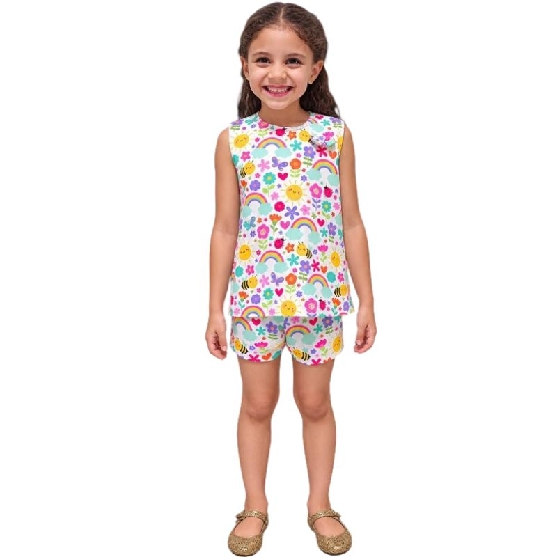 Conjunto Menina Short e Blusa Short Elástico Infantil Confortável Estampado Verão Moda Kids