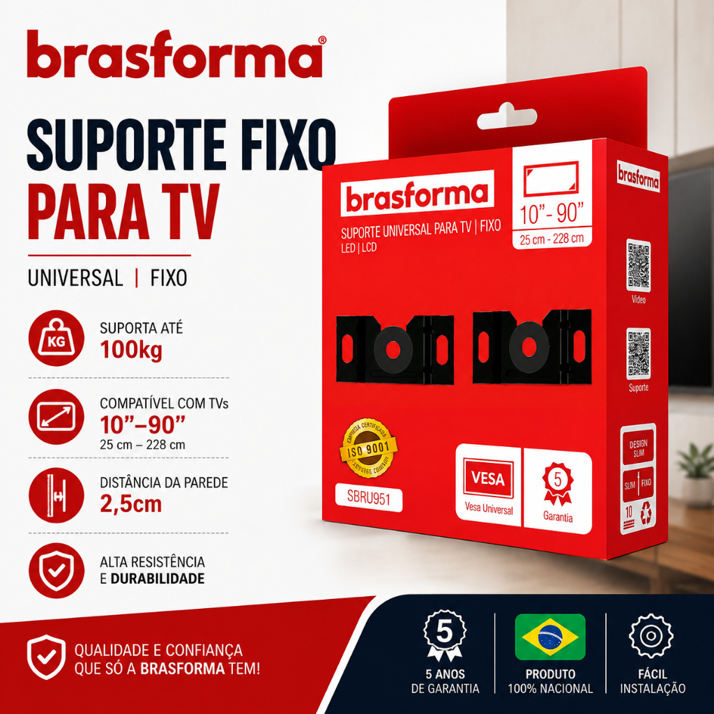 Suporte Reforçado Universal Fixo para TV LCD LED Smart 4K Monitor Painel Parede Brasforma 10 20 32 43 55 60 65 75 85 90