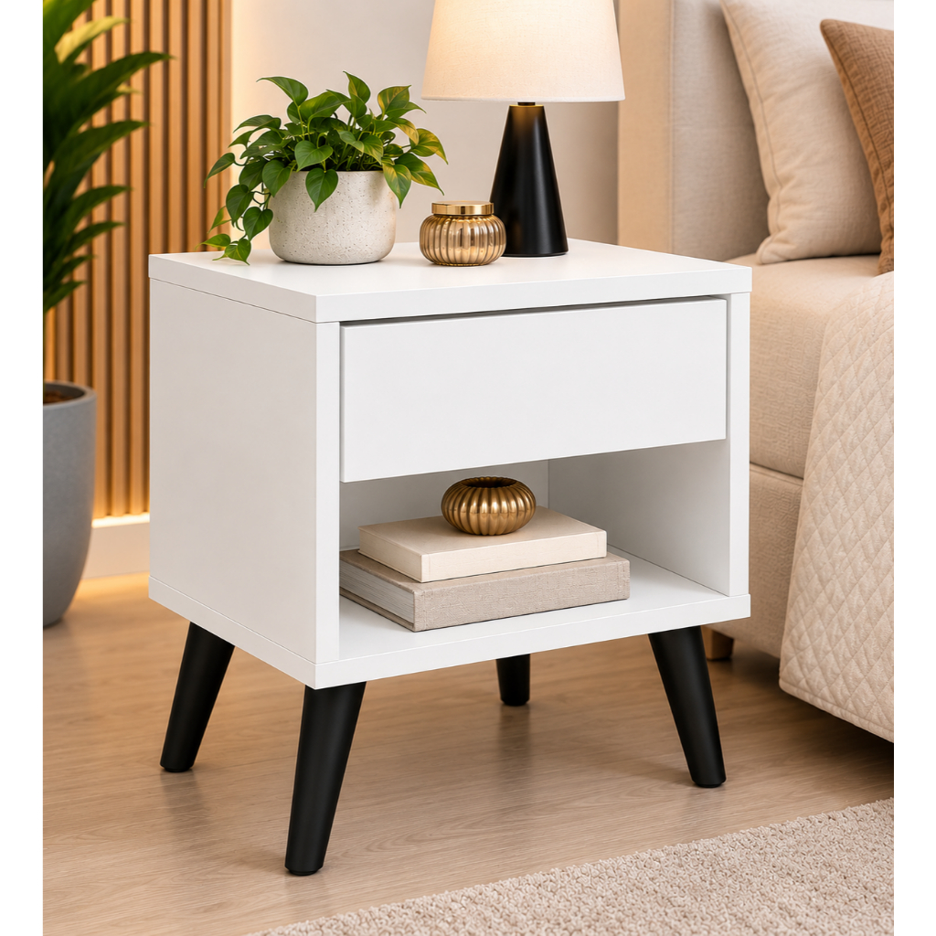 Mesa de cabeceira Nicho com gaveta retrô quarto compacto